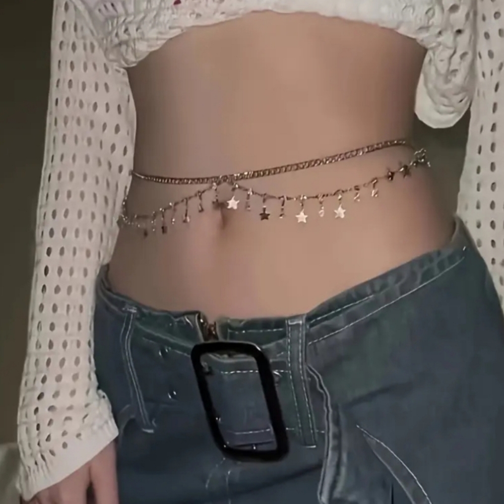 NEW Silver Celestial Whimsigoth Layered Metal Chain Belt w/ Stars & Crystals - Picture 3 of 5